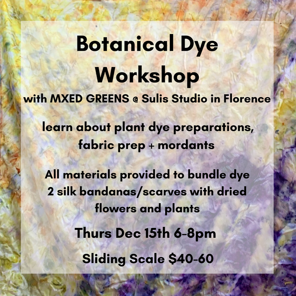 Botanical Dye Workshop with MXED GREENS at Sulis Studio in Florence. Thurs Dec 15th 6-8pm sliding scale $40-60