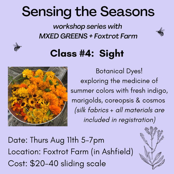 Sensing the Seasons class #4 Sight - Botanical Dyes! Thurs Aug 11th 5-7pm at Foxtrot Farm sliding scale $20-40