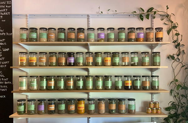 4 shelves at MXED GREENS with rows of alphabetized bulk herb jars