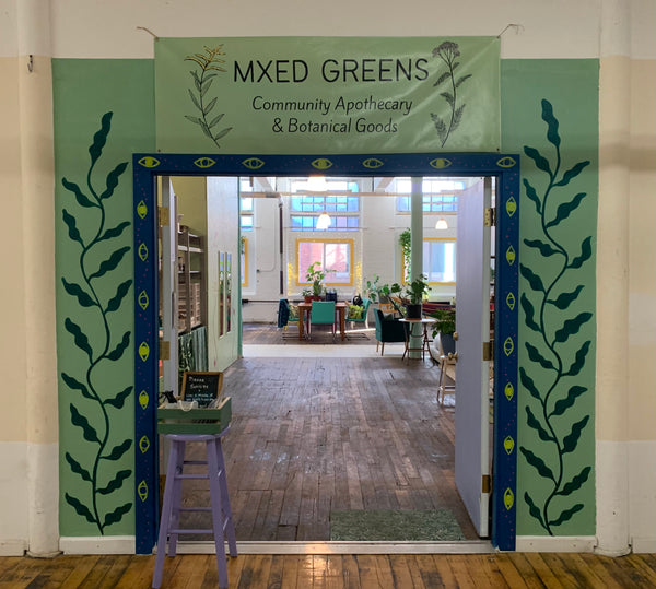 view from hallway into the MXED GREENS studio. Banner with name and logo above door, door frame painted with wavy plants in greens and blues, and view into studio of old hardwood floors with table and chairs in background with light coming in windows