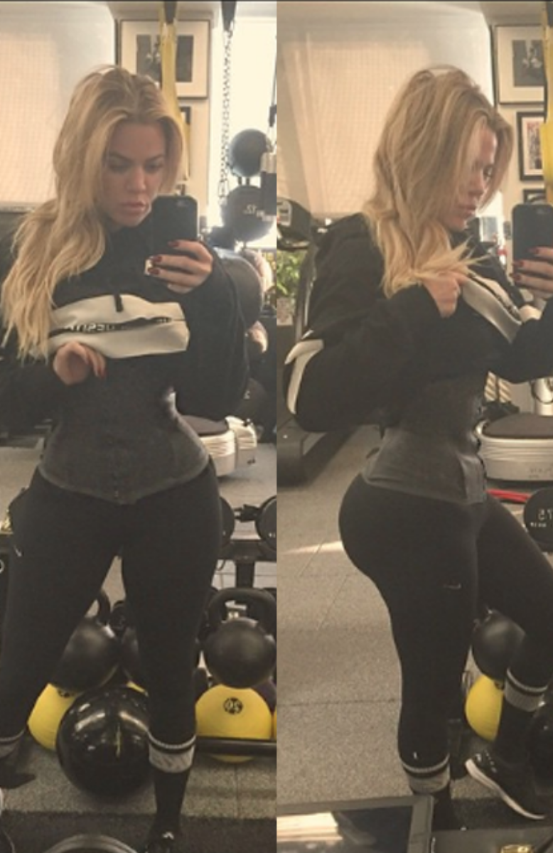 Khloé Kardashian bär en bantningskorsett när hon tränar