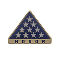Image of a tri-corner U.S. flag lapel pin with the word "honor" across the bottom of the pin.