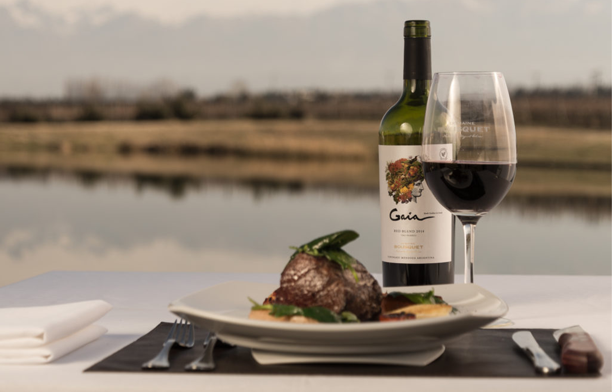 Dinner plate setting with food, a filled wine glass, and a wine bottle, with a landscape view of water.