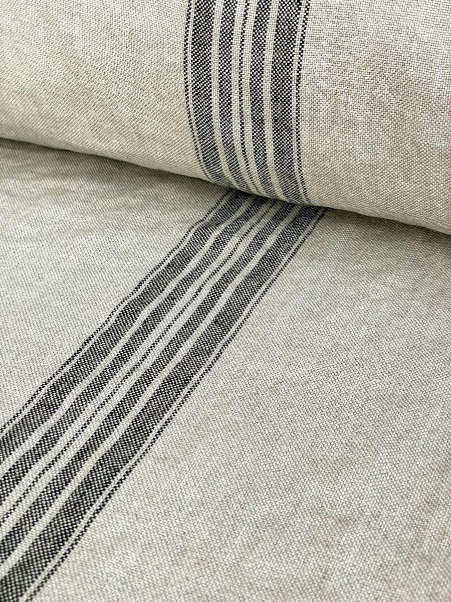 Natural Linen Fabric With Blue Stripes