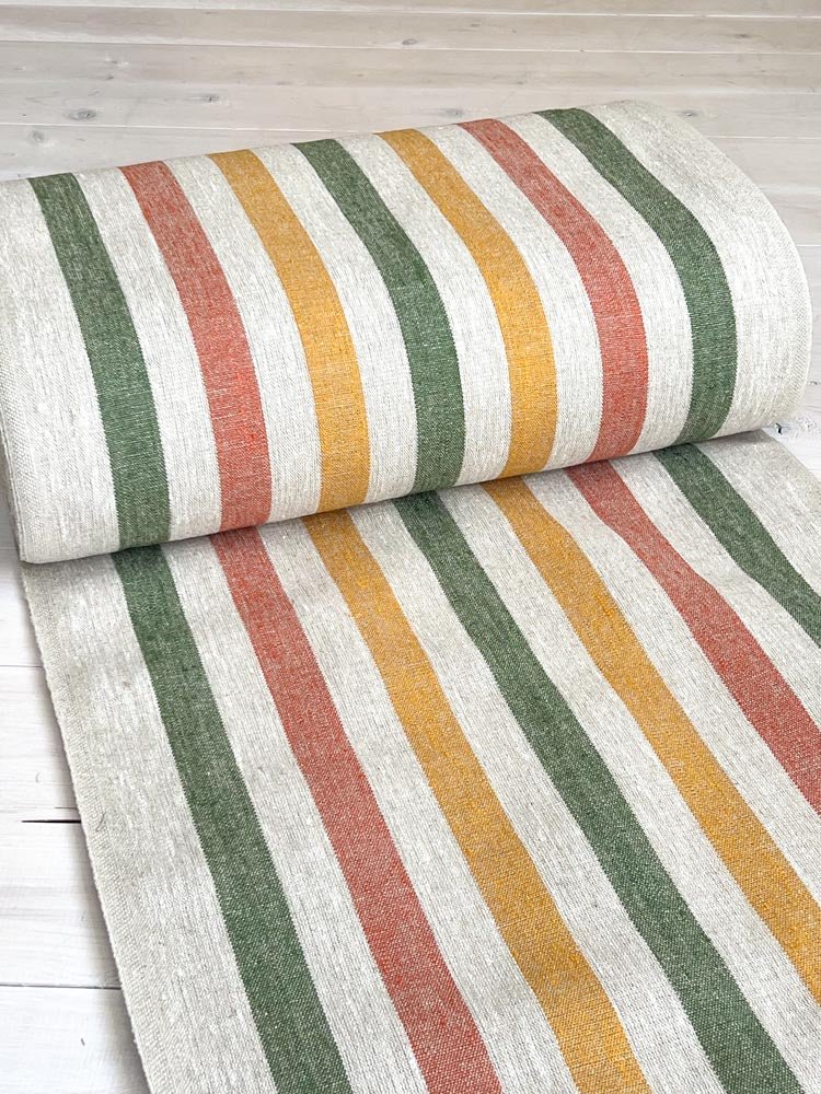 Natural Narrow Linen Fabric With Blue/Yellow/Red Wide Stripes