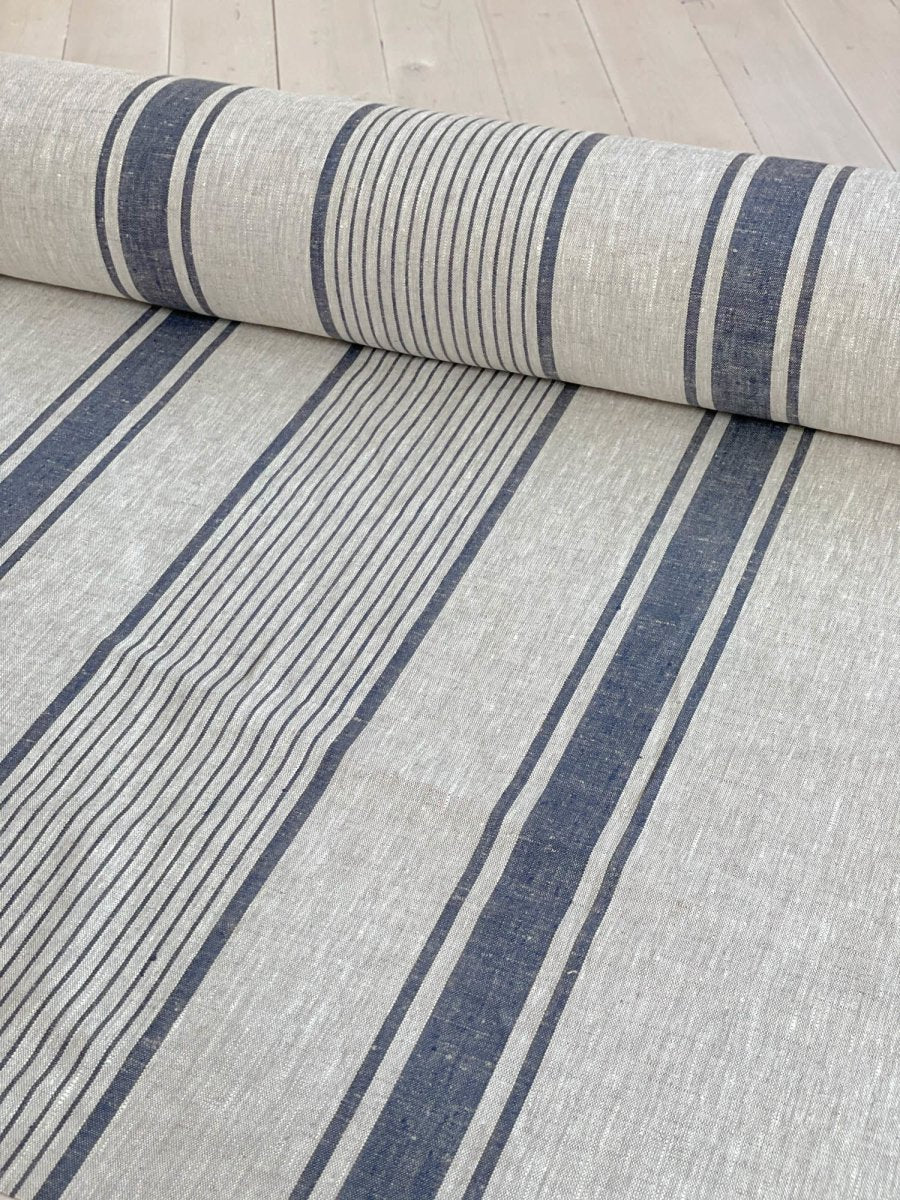 Natural Heavyweight Linen Fabric With Black Stripes