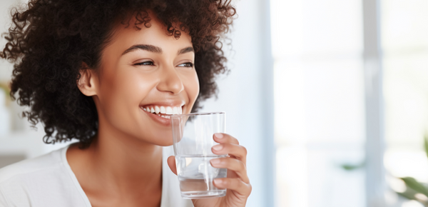 A woman drinking a glass cup of fresh filtered water