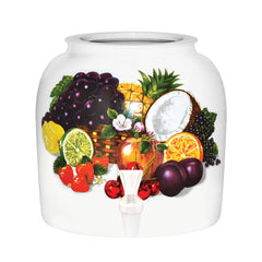 White ceramic crock decorated with tropical fruit