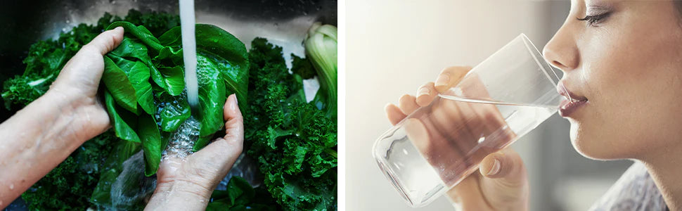 A la izquierda hay alguien lavando hojas de ensalada con agua del grifo y a la derecha una mujer bebiendo un vaso de agua del grifo.