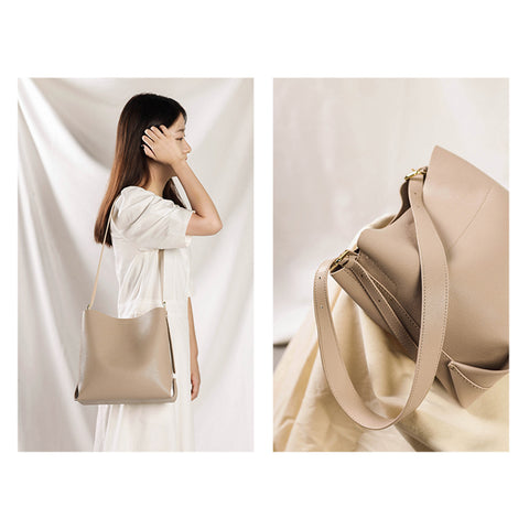 A young Lady with a Fashion Leather Bucket Bag - Gold | POPSEWING™