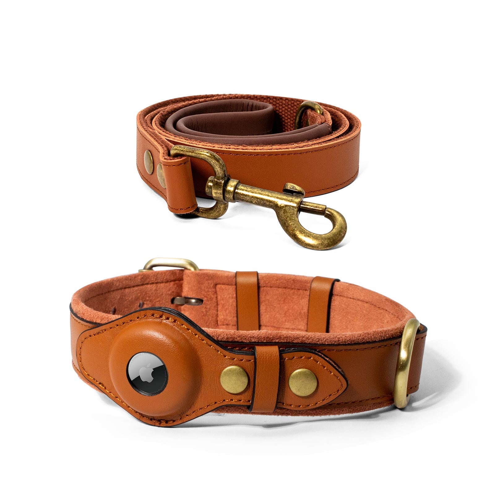 Genuine Leather Airtag Dog Collar and Leash Set