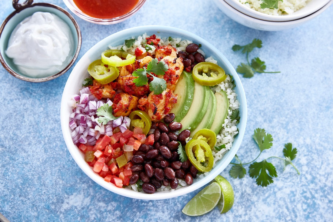 Roasted Chicken Burrito Bowl with Cauliflower Rice