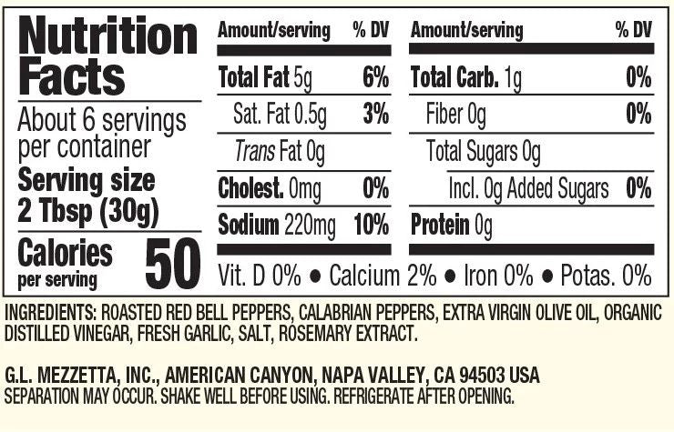 Mezzetta Calabrian Pepper Sauce Nutrition Label