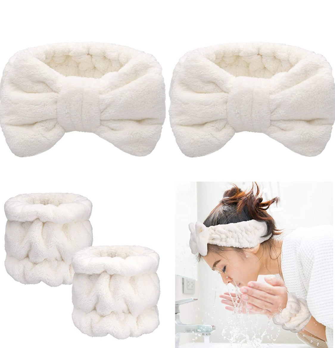 Exquisite 4 Pieces Spa Headband Wrist Washband Scrunchies Cuffs for Wa