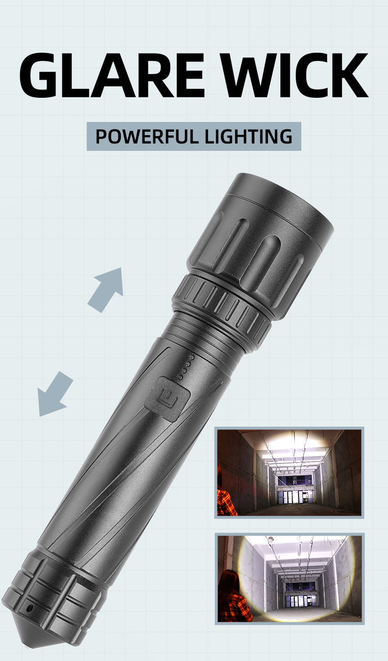 Multifunctional  Flashlight Telescopic Type-C Reversible Charging Zoom LED Torch with Broken Window Emergency Life Hammer