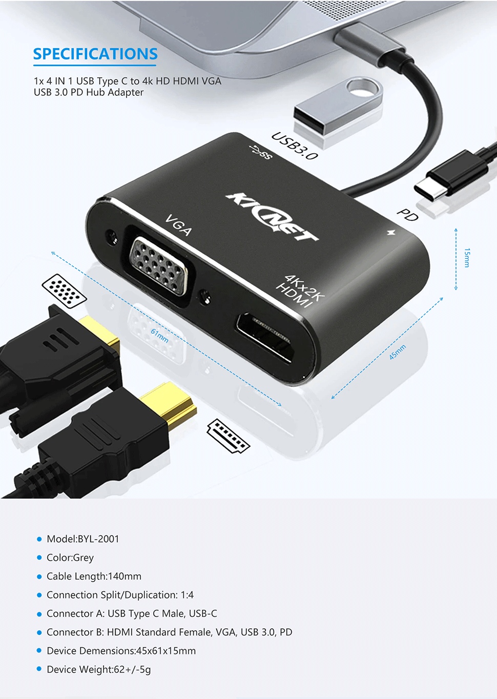 4 IN 1 USB Type C to 4k HD HDMI VGA USB 3.0 PD Hub Adapter