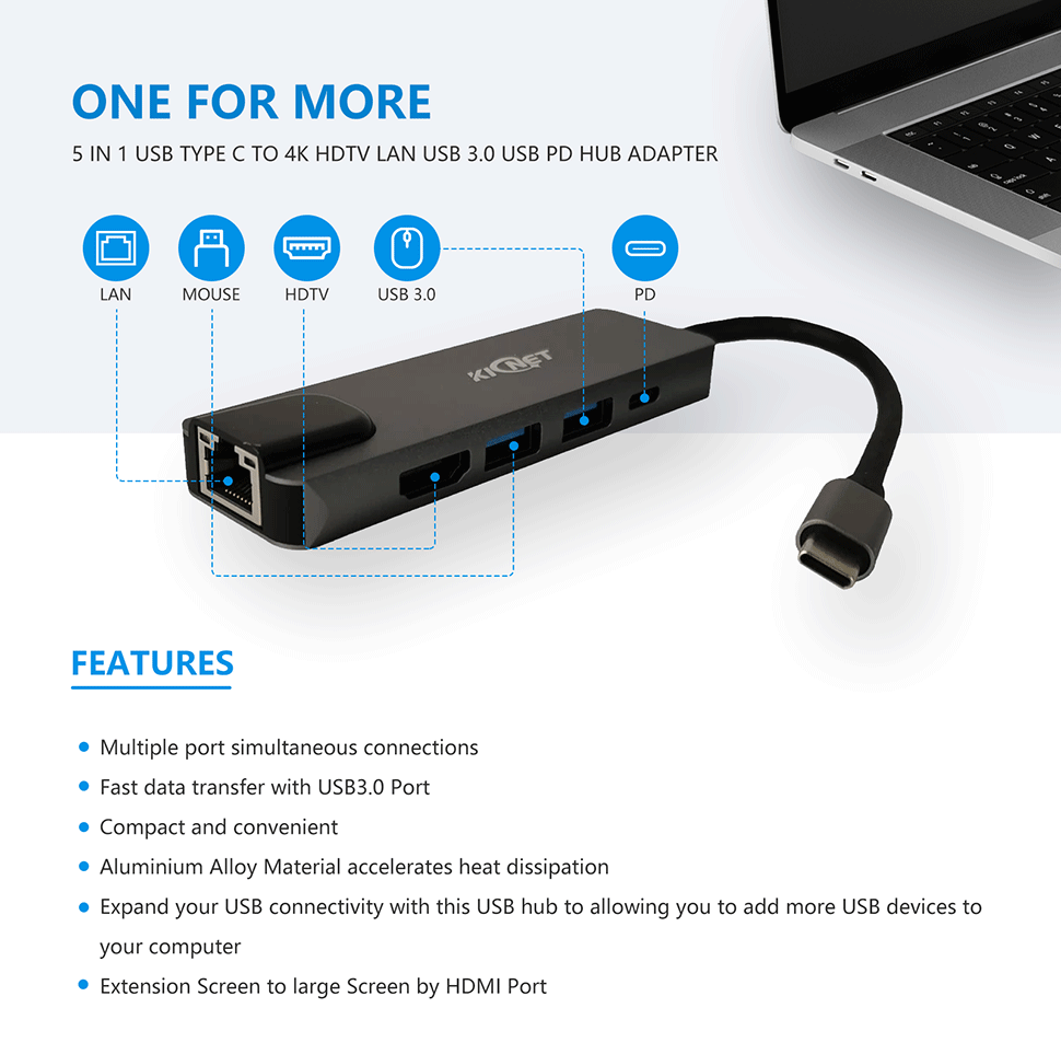 5 IN 1 USB Type C to 4K HDTV LAN USB 3.0 USB PD Hub Adapter