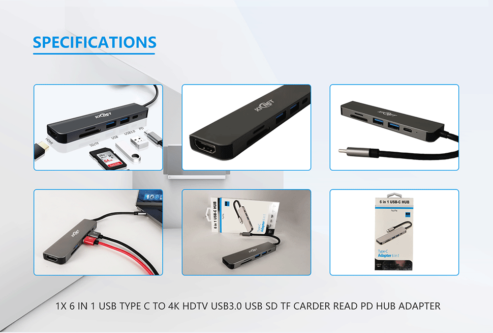 6 IN 1 USB Type C to 4K HDTV USB3.0 USB SD TF Carder Read PD Hub Adapter