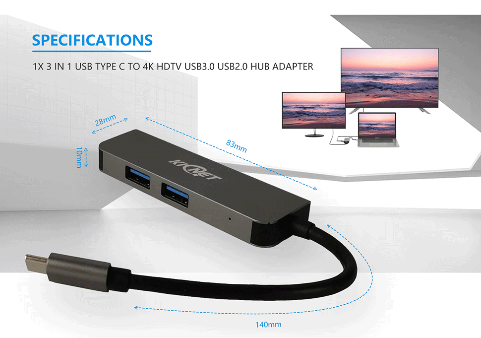 3 IN 1 USB Type C to 4K HDTV USB3.0 USB2.0  Hub Adapter