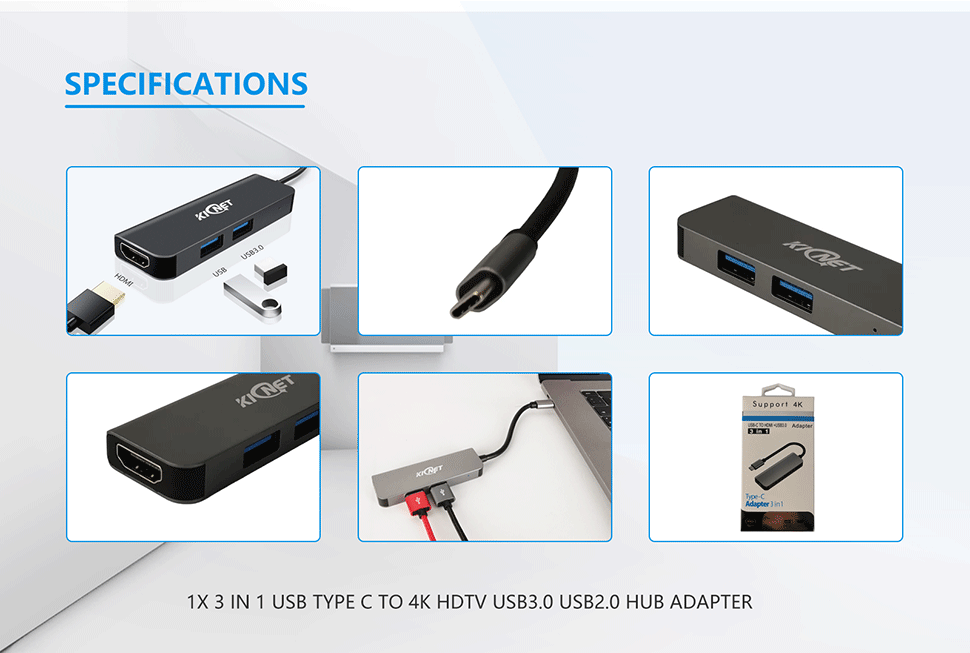 3 IN 1 USB Type C to 4K HDTV USB3.0 USB2.0  Hub Adapter
