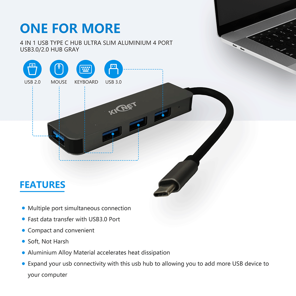 4 IN 1 USB Type C Hub Ultra Slim Aluminium 4 Port USB3.0/2.0 Hub Gray