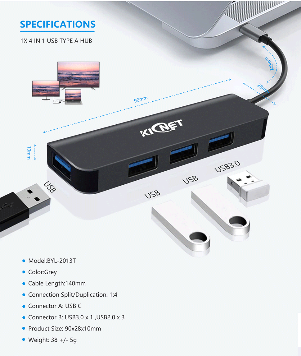 4 IN 1 USB Type C Hub Ultra Slim Aluminium 4 Port USB3.0/2.0 Hub Gray