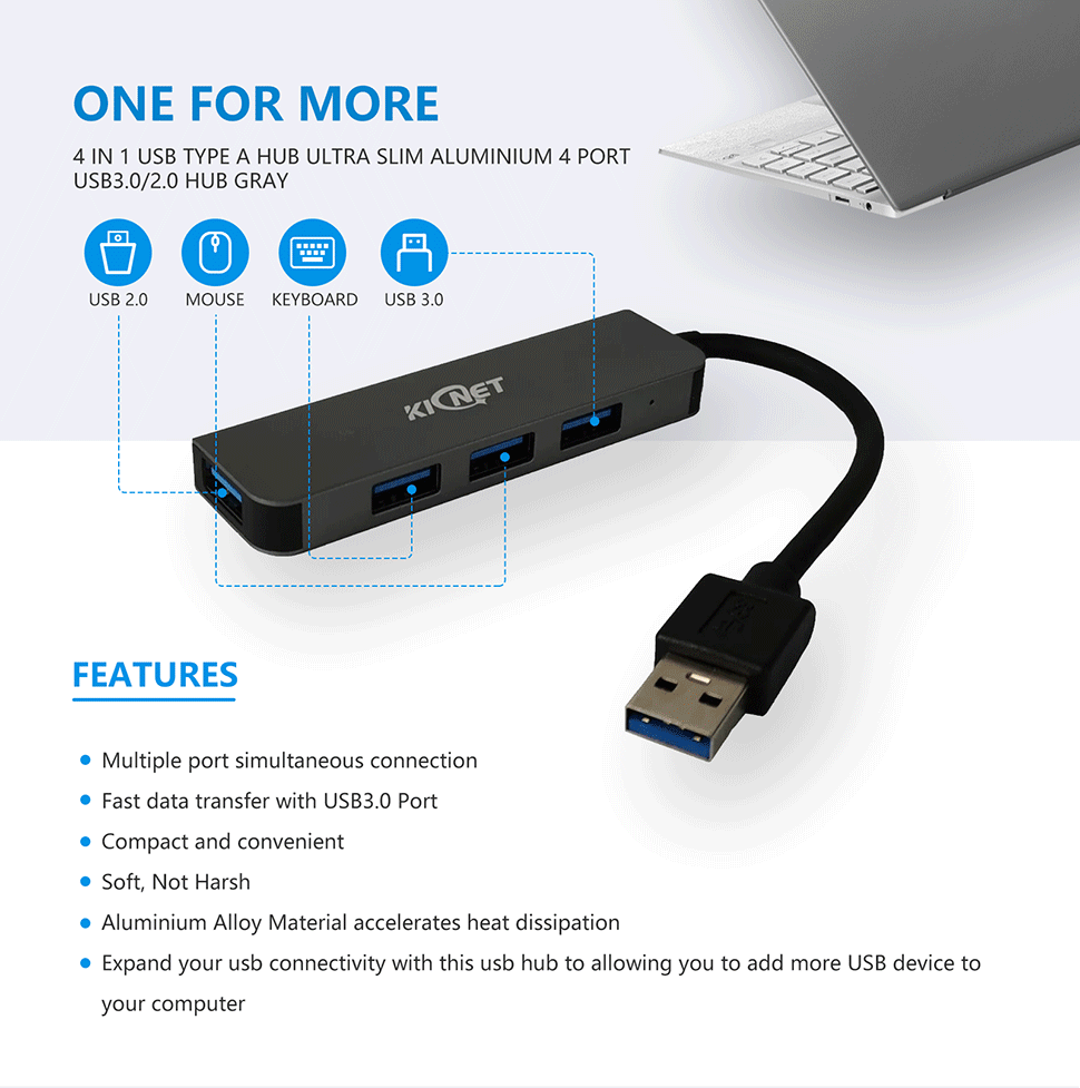 4 IN 1 USB Type A Hub Ultra Slim Aluminium 4 Port USB3.0/2.0 Hub Gray