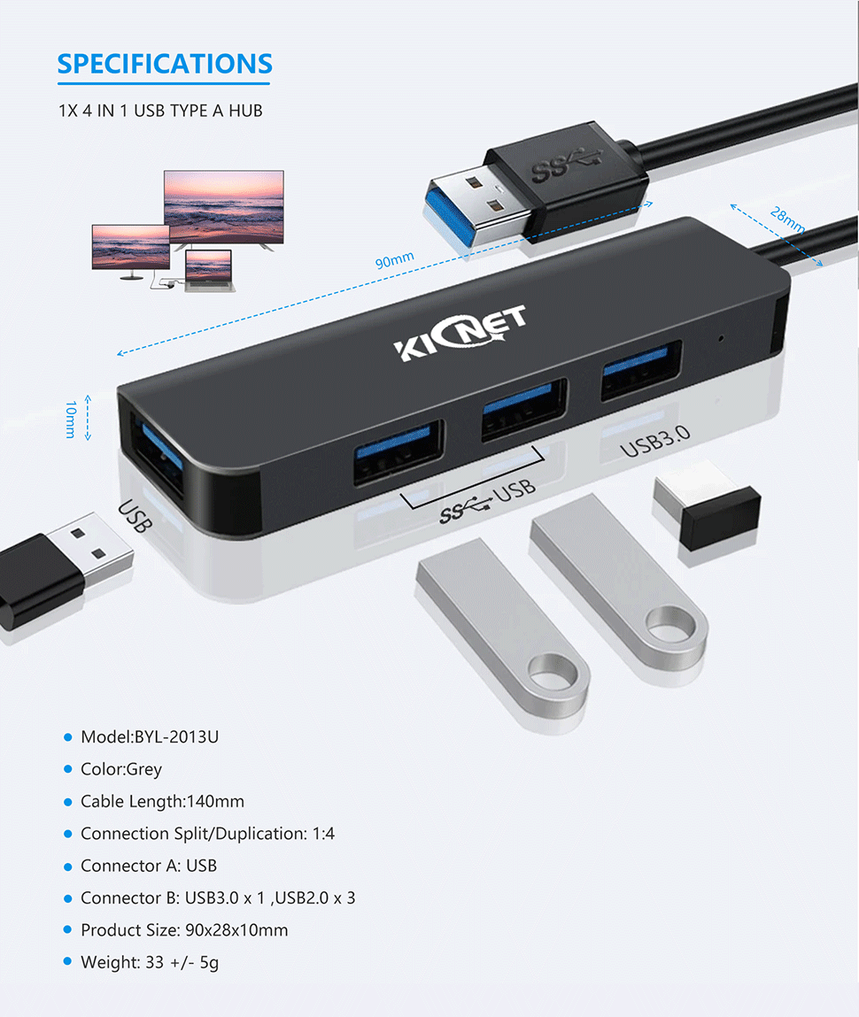 4 IN 1 USB Type A Hub Ultra Slim Aluminium 4 Port USB3.0/2.0 Hub Gray