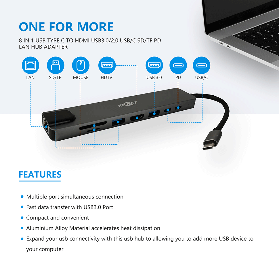 8 IN 1 USB Type C to HDMI USB3.0/2.0 USB/C SD/TF PD LAN Hub Adapter