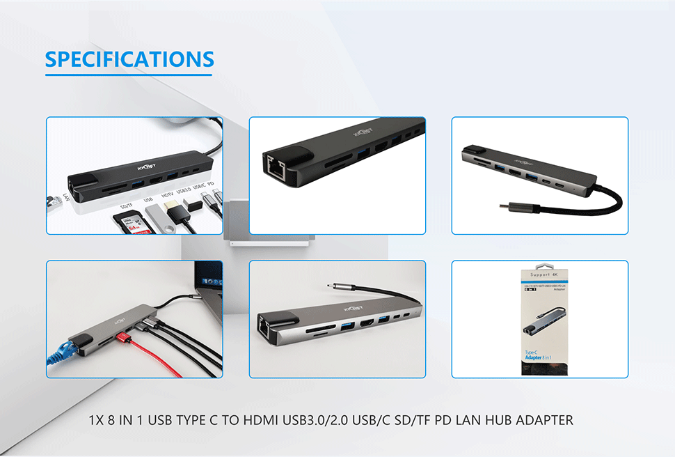 8 IN 1 USB Type C to HDMI USB3.0/2.0 USB/C SD/TF PD LAN Hub Adapter