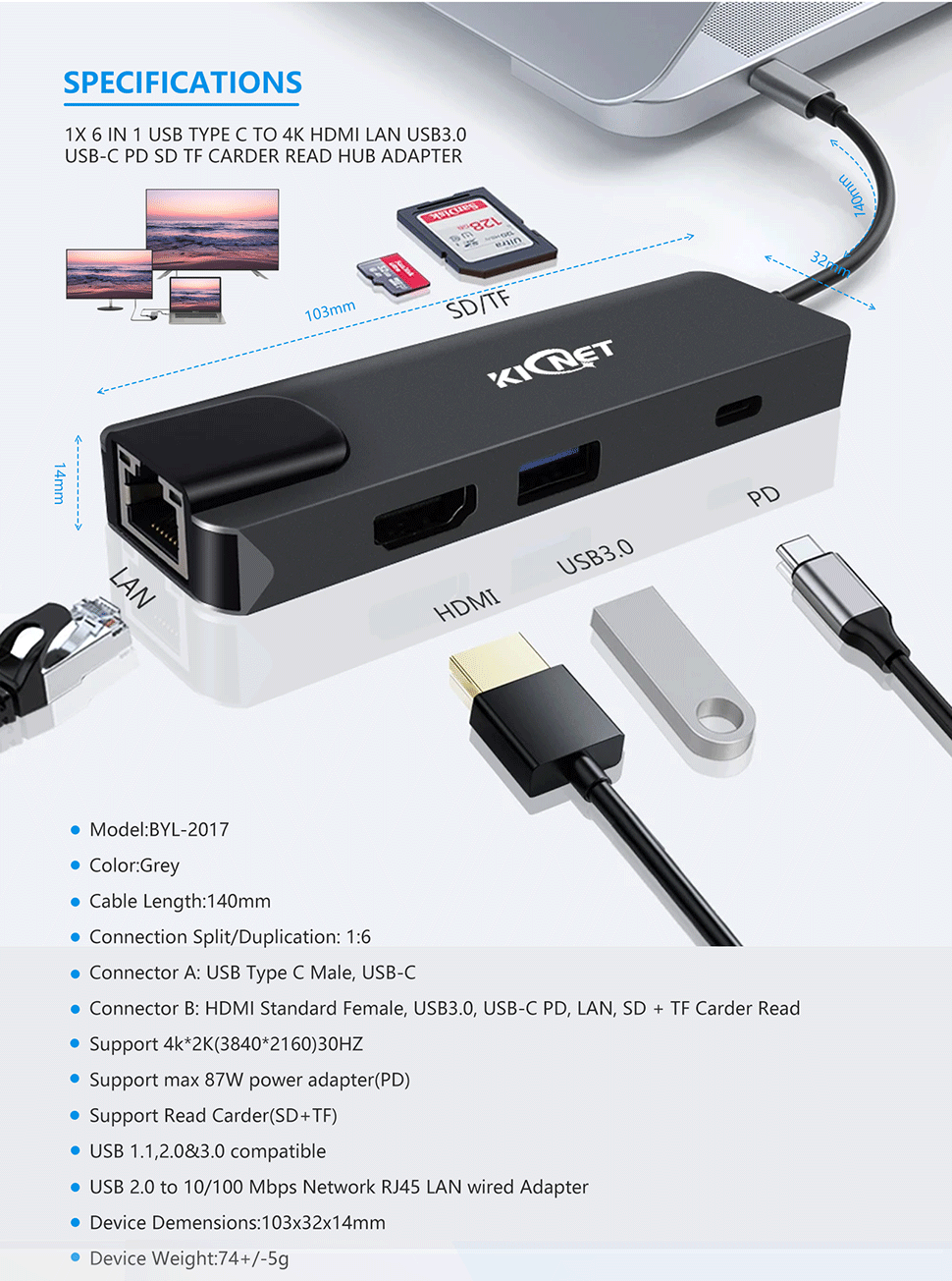 6 IN 1 USB Type C to 4K HDMI LAN USB3.0 USB-C PD SD TF Carder Read Hub Adapter