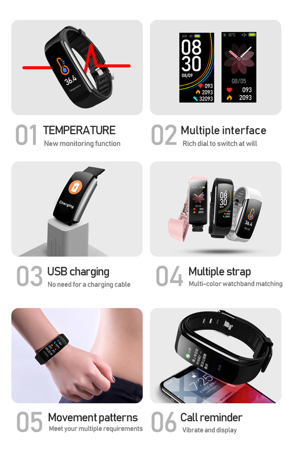 C6T Smart Bracelet Blood Pressure Heart Rate Monitoring Bluetooth Waterproof