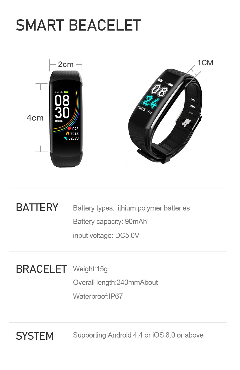 Funcee Smart Bracelet Watch Blood Pressure Heart Rate Monitoring Fitness  Tracker - Walmart.com