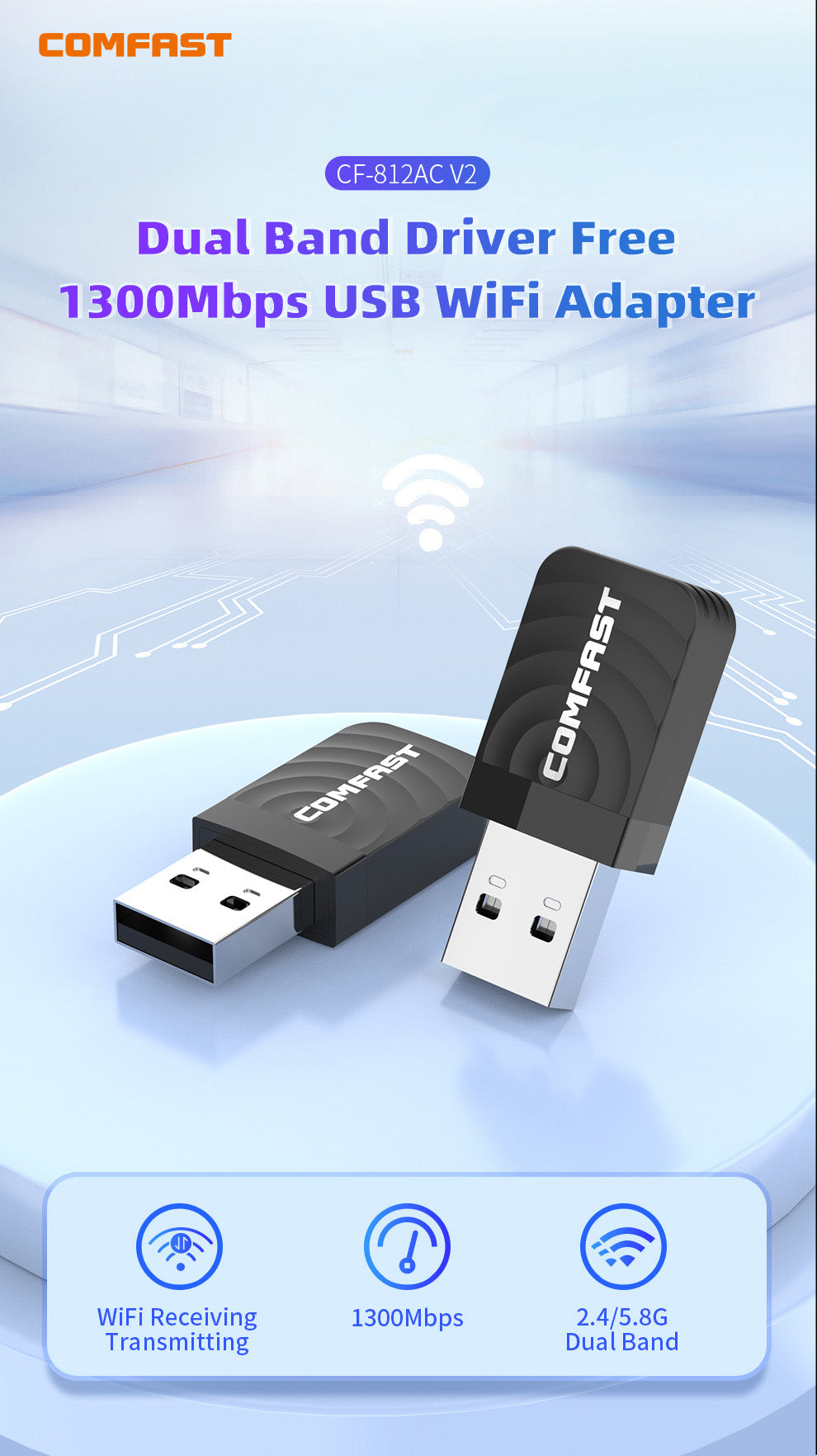 CF-812AC V2 1300Mbps Drive Free Dual Band Wireless Adapter