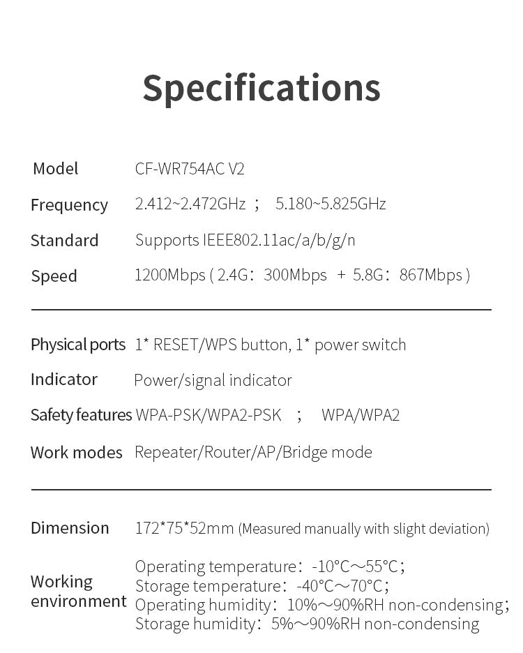 CF-WR754AC Repeater COMFAST WIFI 2.4G&5G dual frequency 1200Mbps Home Wireless Extender Router signal Wifi Range 4*2dbi Antenna