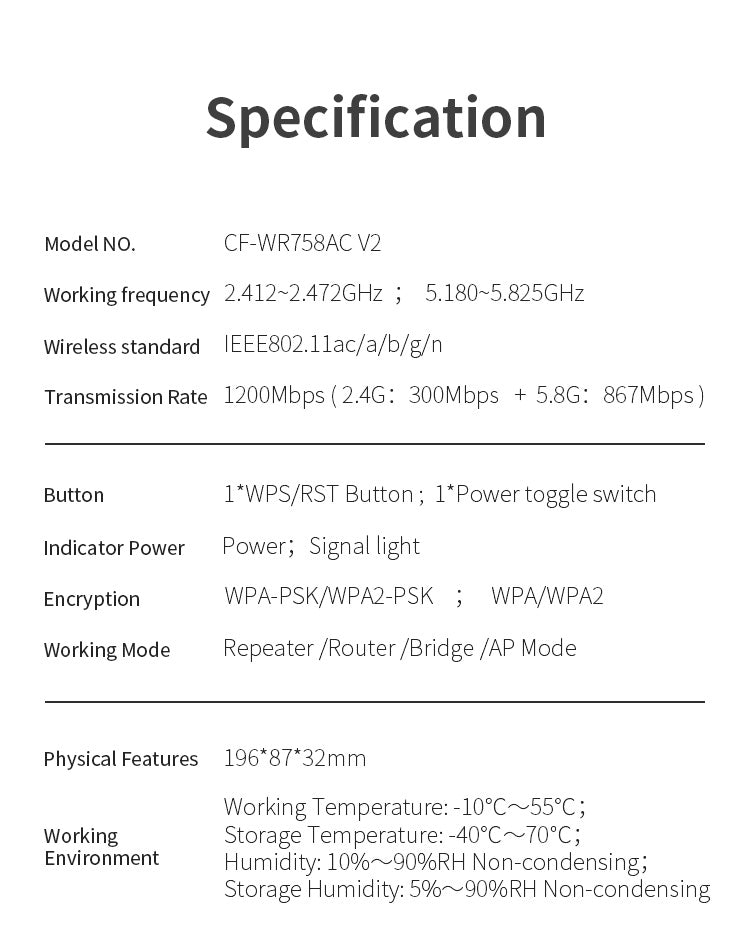 CF-WR758AC V2 1200M Wireless Repeater Wifi Range Extender Dual Band 2.4G 5.8G WiFi Amplifier Booster 4*Antenna with RJ45 Port