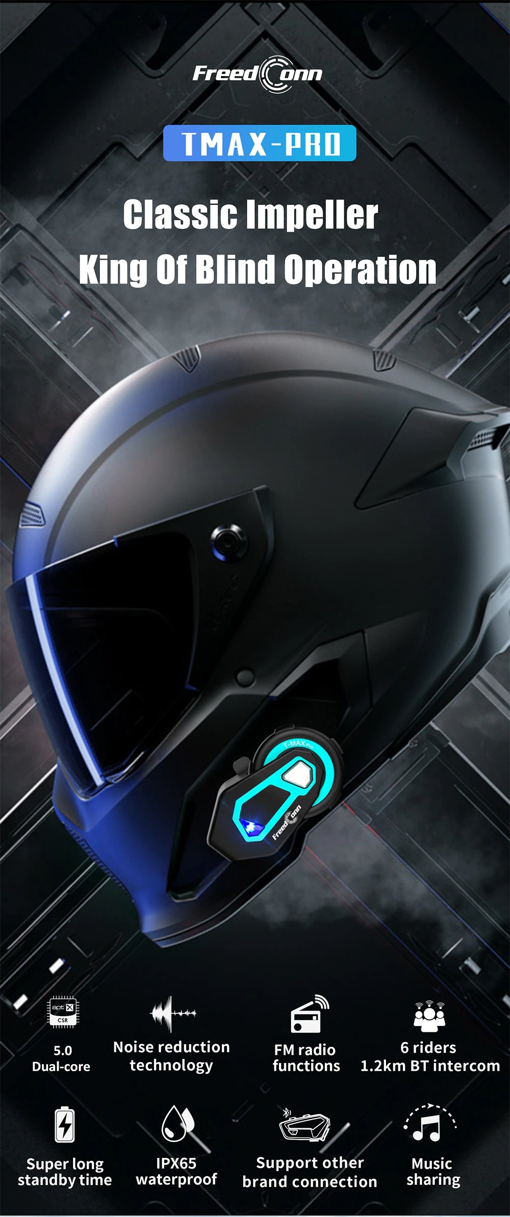 T-Max Pro Motorcycle Intercom Bluetooth Helmet Headset 6 Riders BT 5.0 1200M FM