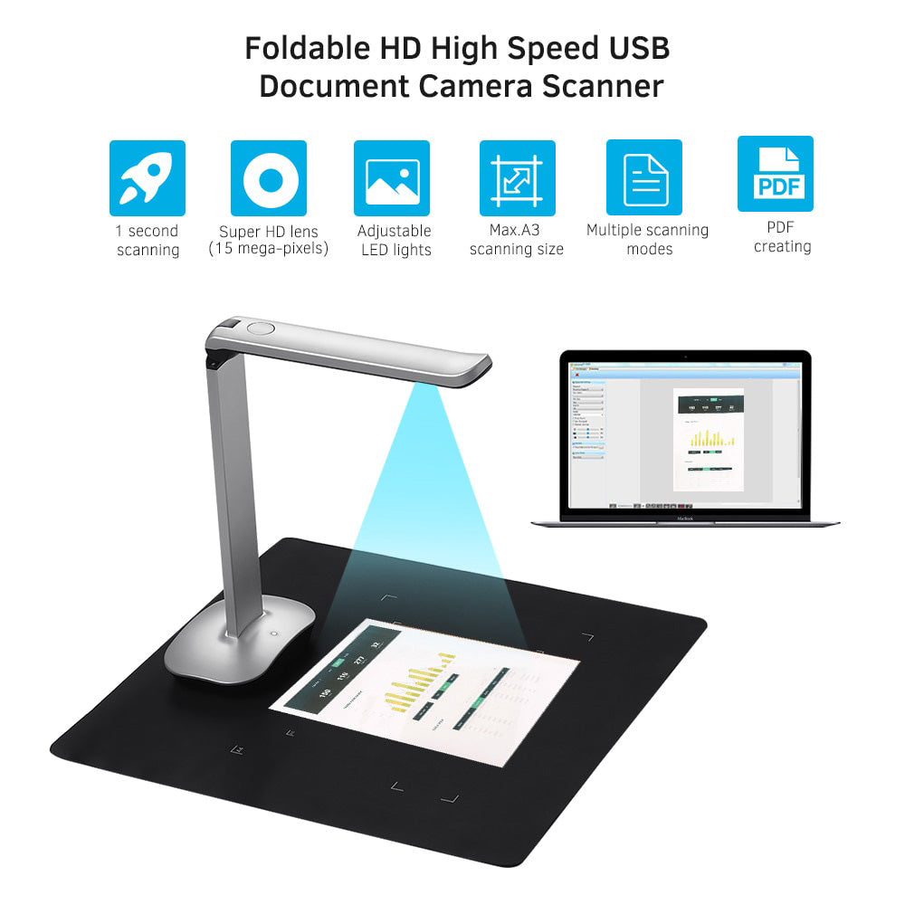 F50 Foldable HD Document Camera Scanner 15MP A3 & A4 Scanning Size LED Light