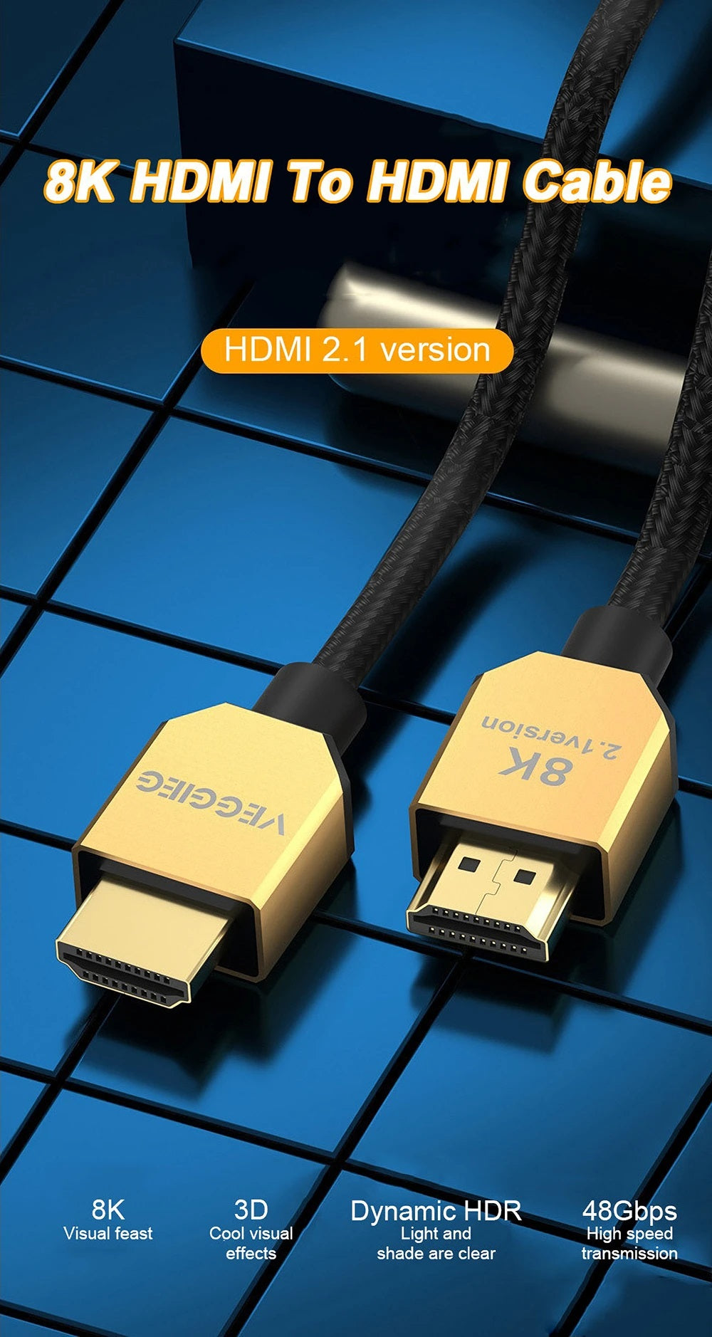 8K HDMI Cable 2m 3m 5m HDMI to HDMI 2.1 Cable  Gold Plated 48Gbps Bandwidth Connectors