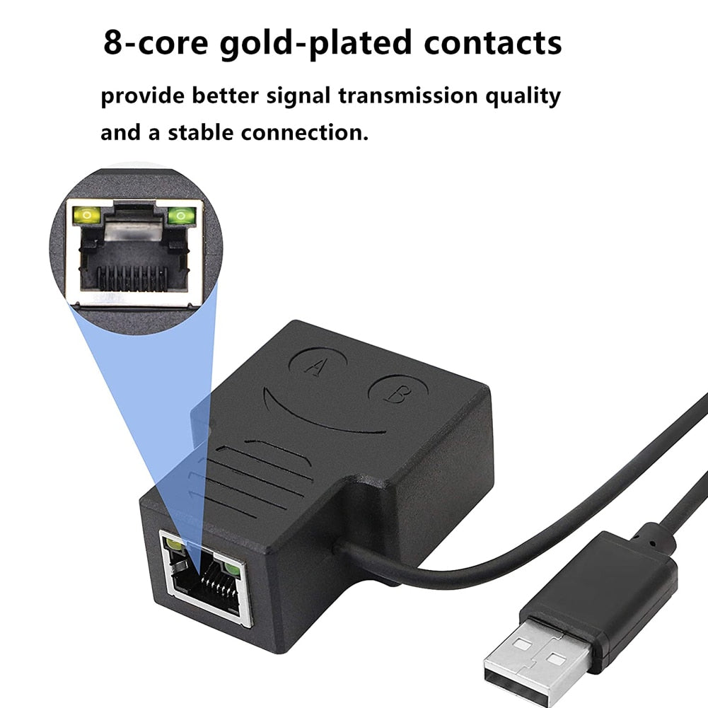 RJ45 Ethernet Splitter 1 to 2 Ways Double Female Adapter USB Power Supply