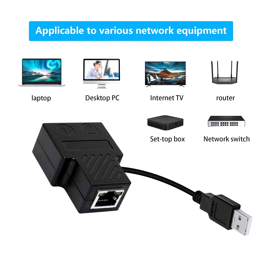 RJ45 Ethernet Splitter 1 to 2 Ways Double Female Adapter USB Power Supply