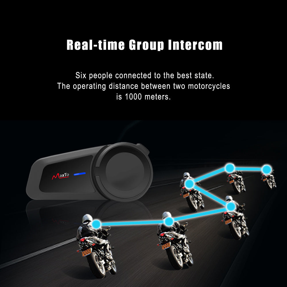 MAXTO M2 1000M Motorcycle Interphone Helmet Bluetooth Headset Moto Wireless Intercom for 6 Riders Talking FM Radio Waterproof