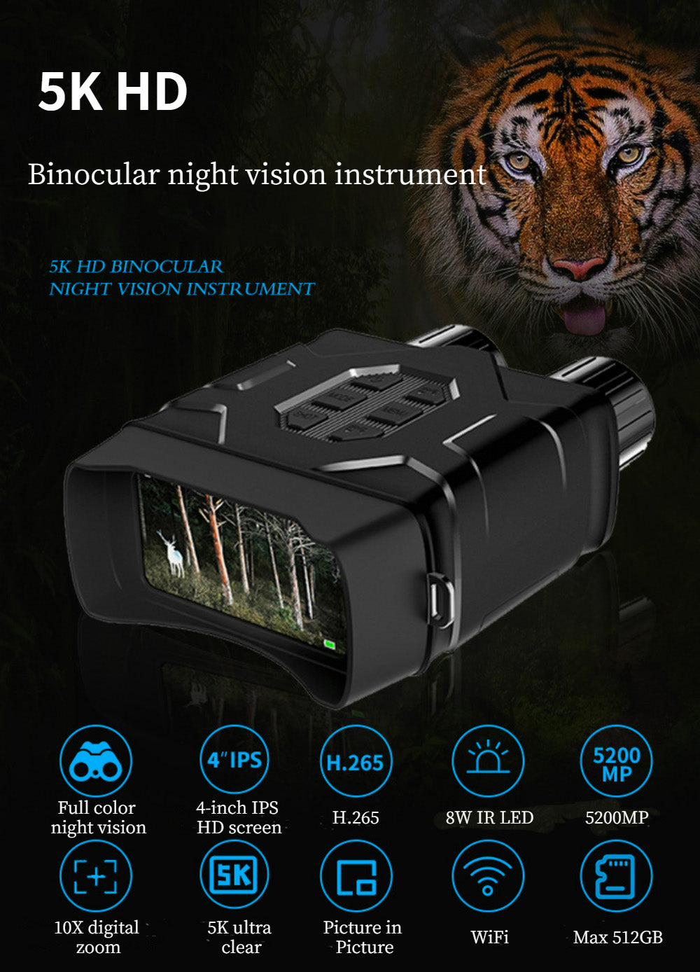 5K UHD WIFI Binocular Telescope 10X Digital Zoom 300M Infrared night vision