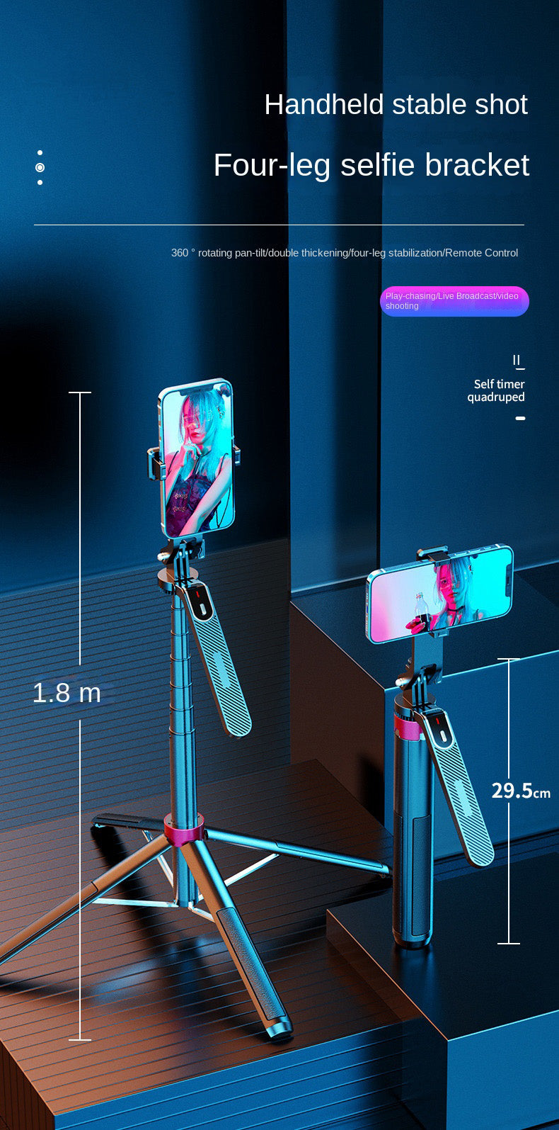 1.8m Aluminum Alloy Quadripod Shelf Bluetooth Selfie Stick Stand Stabilizer