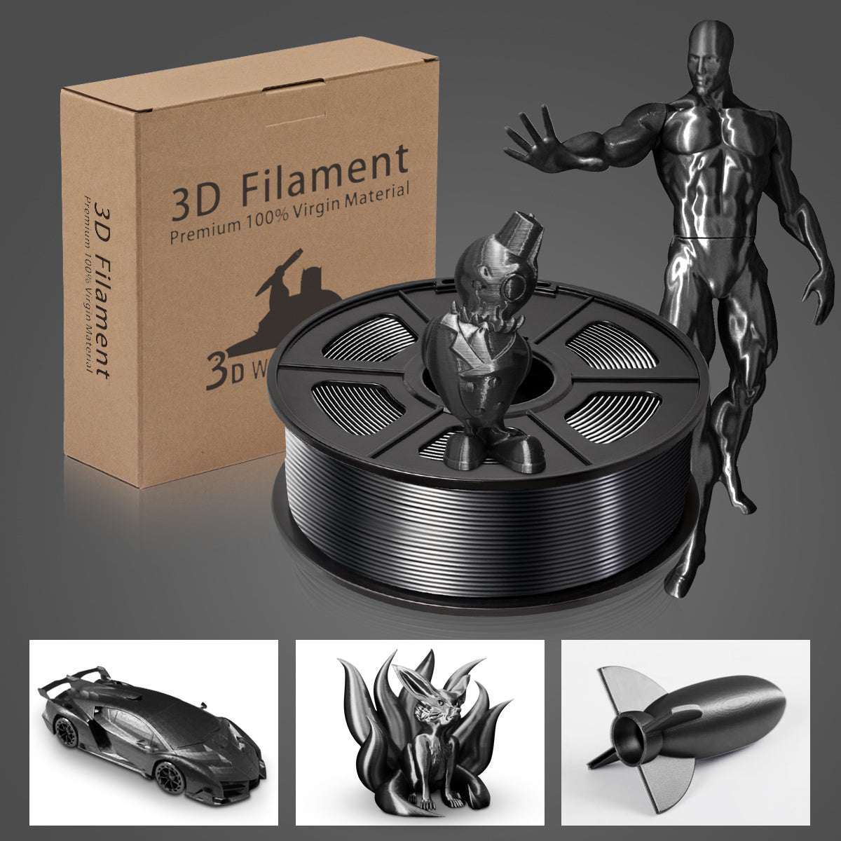 Silk PLA+ 3D Filament 1.75mm Black 1KG/Roll