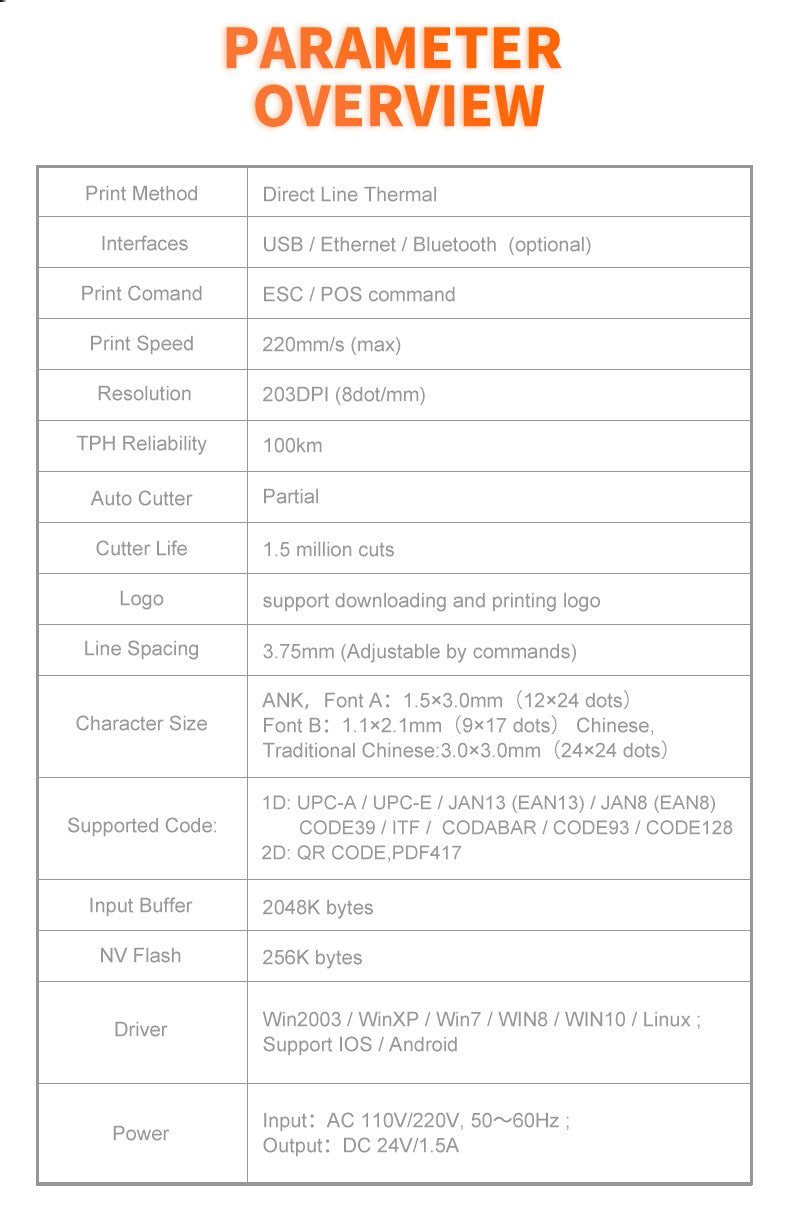 Retail POS cash register collection bill USB+BT 80mm thermal receipt printer