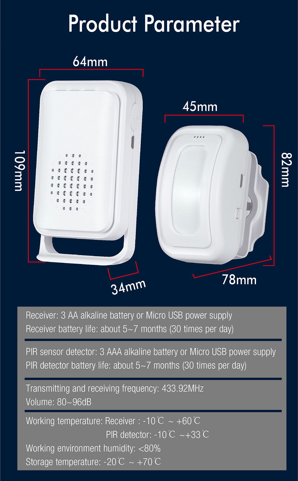 Wireless Motion Sensor Alarm Door Chime for Business 2 Detector & 1 Receiver