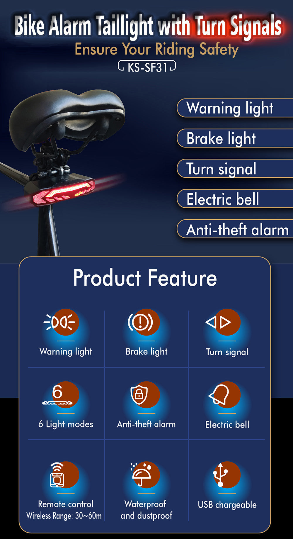 SF31 Smart Bike AlarmTailight with Warning light/Brake light/Turn signal/Electric bell/Anti-theft alarm