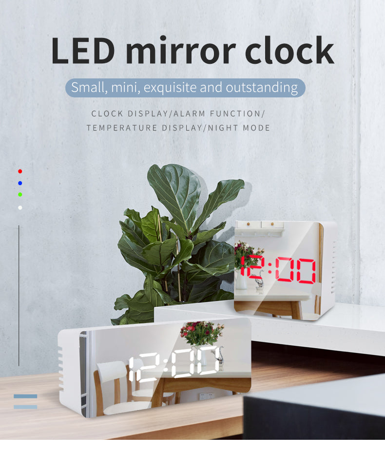 LED Mirror Digital Alarm Clock Night Lights Thermometer Multi-function Watch