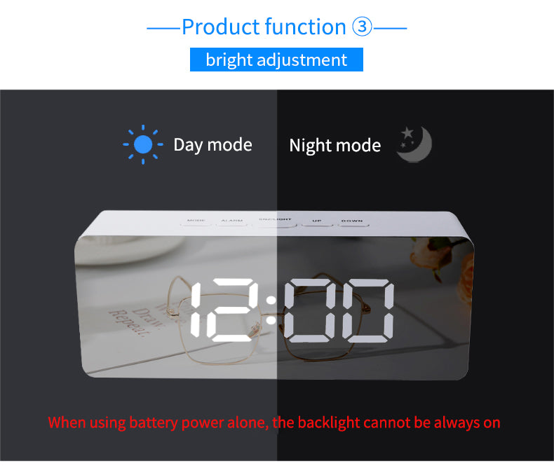 LED Mirror Digital Alarm Clock Night Lights Thermometer Multi-function Watch